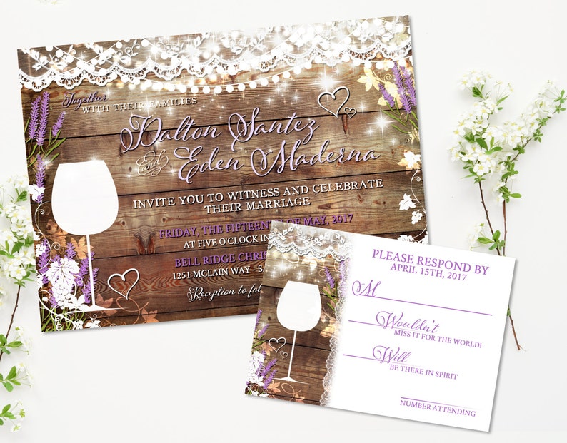 Rustic Wedding Invitation Suite, Vineyard Wedding Invite, Wine Tasting, Lavender, Invitation Printable, Lace Flowers, Bridal Shower, Thanks image 3