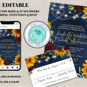 May include: Editable wedding invitation template with a rustic wood background, featuring burgundy roses and sunflowers. The text reads "The pleasure of your company is requested for the wedding celebration of Kayla Waterkotte & Michael Anderson" with the date and time of the wedding. The invitation also includes a matching RSVP card.