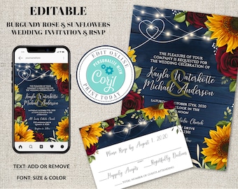 Wedding Invitation and RSVP Template, Rustic Navy Wood with Sunflowers & Burgundy Roses Suite, Editable Printable,Instant Download, Corjl