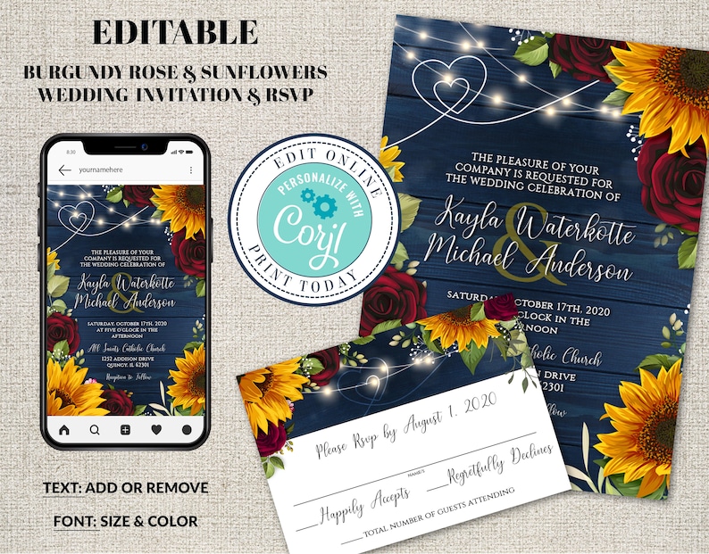 May include: Editable wedding invitation template with a rustic wood background, featuring burgundy roses and sunflowers. The text reads "The pleasure of your company is requested for the wedding celebration of Kayla Waterkotte & Michael Anderson" with the date and time of the wedding. The invitation also includes a matching RSVP card.