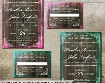 Flourish Wood Wedding Invitation  Wedding Invite- Rustic Wood with vintge elements . Digital Listing