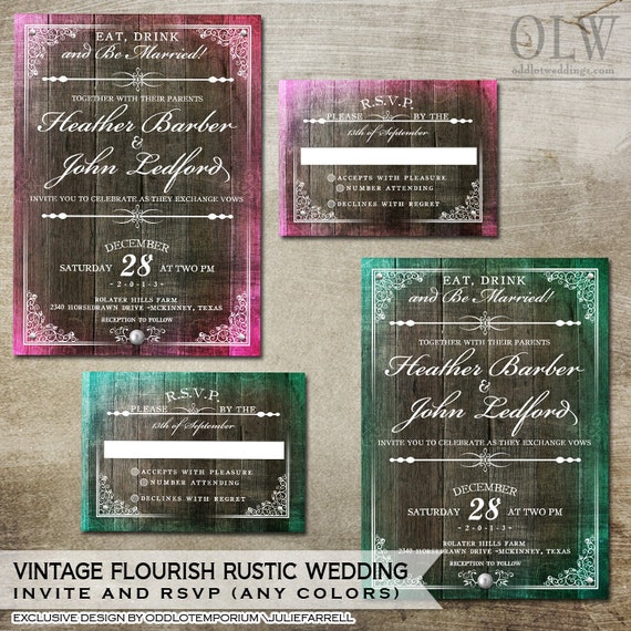 Flourish Wood Wedding Invitation Wedding Invite- Rustic Wood with vintge elements . Digital Listing Il_570xn