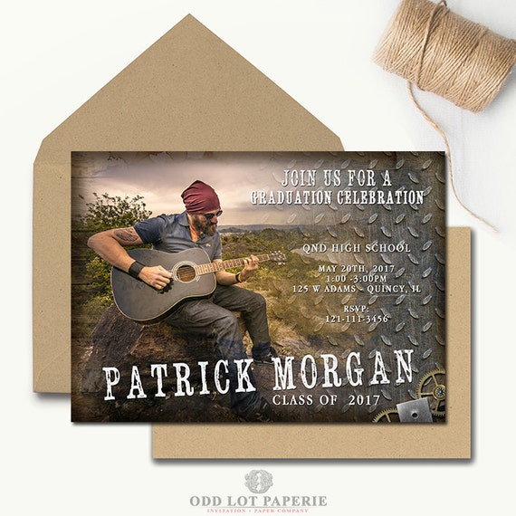 Boy Graduation Invitation Template, Rustic Senior Graduation Announcement, Printable Grad Invites, Steampunk Metal Industrial Photo Grad DIY Il_570xn