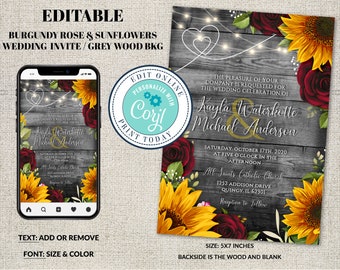 Wedding Invitation Template, Rustic Grey Wood with Sunflowers & Roses Invitation Suite, Burgundy,  Wood Wedding Invite Editable Corjl File