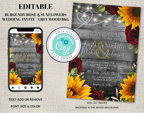 Wedding Invitation Template, Rustic Grey Wood with Sunflowers & Roses Invitation Suite, Burgundy, Wood Wedding Invite Editable Corjl File Il_570xn