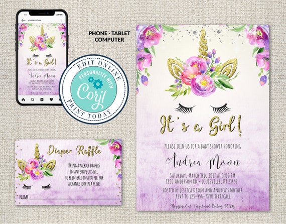 Unicorn Baby Shower Invitation, Magical Unicorn Baby Shower Printable, Gold Floral Unicorn Baby Shower, EDITABLE, INSTANT DOWNLOAD, Corjl Il_570xn