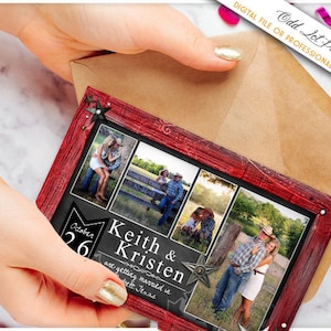 Photo Collage Save the Date Tableau noir rustique Annonce de mariage Carte postale Imprimé ou numérique Grange Cadre en bois Bois rustique Enregistrer la date BRICOLAGE