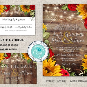 Set of 3, Wedding Invitation, RSVP and Save the Date Template, Rustic Wood with Sunflowers & Roses Invitation Suite, Editable Corjl File