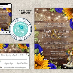 Wedding Invitation and RSVP Template, Rustic Wood with Sunflowers & Roses Invitation Suite, Cowboy Boots Editable Printable File, Corjl image 1