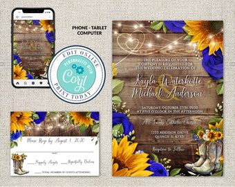 May include: Rustic wedding invitation with a wood background, sunflowers, blue roses, and cowboy boots. The text reads "The pleasure of your company is requested for the wedding celebration of Kayla Waterkette & Michael Anderson. Saturday, October 17th, 2020 at five o'clock in the afternoon. All Saints Catholic Church, 1252 Addison Drive, Quincy, IL 62301. Reception to follow."