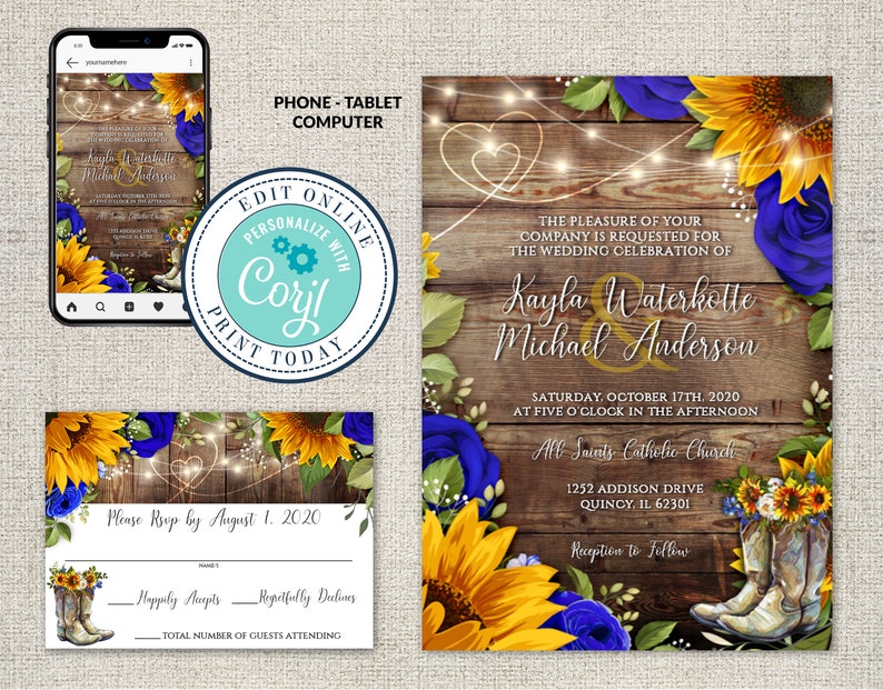 Wedding Invitation and RSVP Template, Rustic Wood with Sunflowers & Roses Invitation Suite, Cowboy Boots Editable Printable File, Corjl image 1