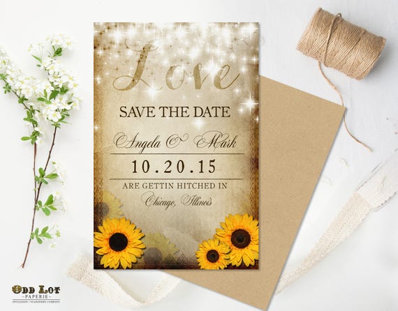 Sunflower Save the Date Rustic Save the Date Rustic Sunflower Printable Wedding Announcement Twinkling Lights LOVE Country Rustic Chic Il_570xn