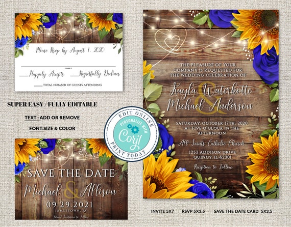 Set of 3, Wedding Invitation, RSVP and Save the Date Template, Rustic Wood with Sunflowers & Roses Invitation Suite, Editable Corjl File Il_570xn