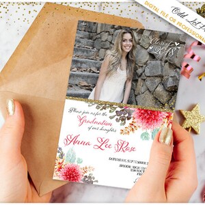 Boho Blumen Graduierung Einladung Vorlage druckbare Grad Ankündigung Foto Karte, bunten Blumen, Klasse der High School College-Abschluss