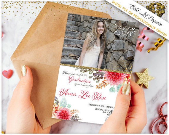 Boho Floral Graduation Invitation Template Printable Grad Announcement Photo Card, Bright Flowers, Class of, High School College Graduation Il_570xn