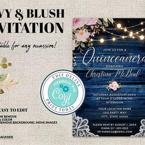 Rustic Navy Floral Fall Editable Invitation,Burgundy,Blush,Navy Blue,Roses,Barn Wood, Corjl DIY Editable Invitation for Any Occassion