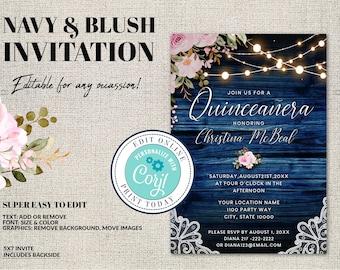 Rustic Navy Floral Fall Editable Invitation,Burgundy,Blush,Navy Blue,Roses,Barn Wood, Corjl DIY Editable Invitation for Any Occassion