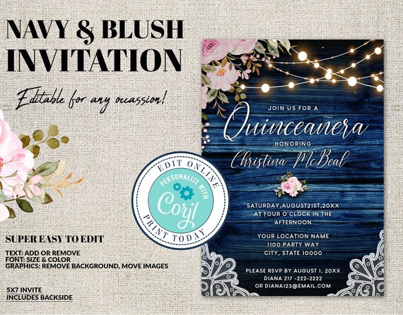 Rustic Navy Floral Fall Editable Invitation,Burgundy,Blush,Navy Blue,Roses,Barn Wood, Corjl DIY Editable Invitation for Any Occassion Il_570xn