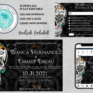 Halloween Wedding Inviation Set Template, Gothic Wedding Invite and Rsvp, Sugar Skull, Offbeat Wedding, Instant Download, Editable Corjl