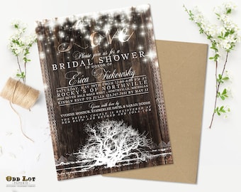 Rustic Tree Bridal Shower Invitation, Winter Wedding, Rustic Wedding, Wood and Oak Tree with Lights and Snowflakes, Wedding Shower Invites