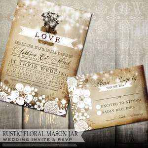 Rustieke Mason Jar Huwelijksuitnodiging en RSVP-kaart Herfst Herfst Bruiloft Uitnodiging DIY Mason Jar Huwelijksuitnodigingen Land Rustieke Uitnodiging