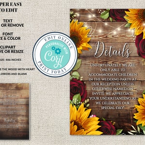 Wedding Details Card Template, Rustic Wood with Sunflowers & Burgundy Roses Information Card, Editable Printable ,Instant Download, Corjl