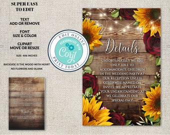 Wedding Details Card Template, Rustic Wood with Sunflowers & Burgundy Roses Information Card, Editable Printable ,Instant Download, Corjl