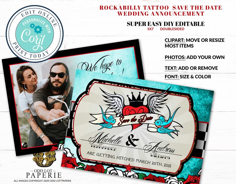 Rockabilly Wedding, Rockabilly Save the Date Cards, DIY Corjl Editable Cards, Rocker Wedding, Tattoo , Photo Save the Date Announcements image 8