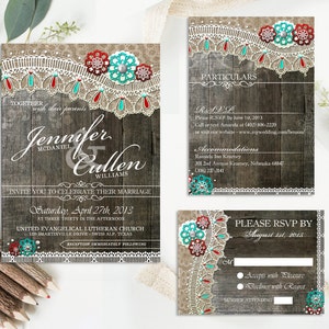 Jeu d’Invitations de mariage de dentelle rustique, Invitation de mariage rustique avec rsvp carte et carte d’insertion, Invitation de mariage rustique bricolage ~ dentelle de bois