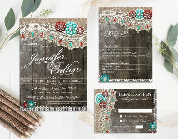 Rustic Lace Wedding Invitations Set, Rustic Wedding Invitation with rsvp card and Insert card, DIY Rustic Wedding Invitation ~Wood Lace Il_570xn