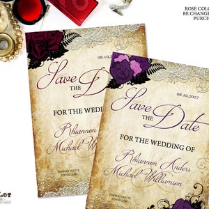 Romantische Rose Save the Date Einladungen Rote Rose und Vintage Spitze Gothic Hochzeit Ankündigungskarten druckbar Save the Date Briefpapier