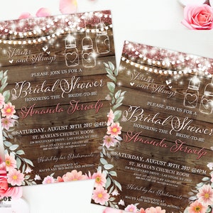 Florale Braut Shower Einladungen Boho Chic Einladung Druckbare Hochzeitseinladung Rustikale Hochzeit, Mason Jars Blumen Holz, Boho Einladungen