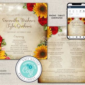 Editable Wedding Program Template, Rustic Parchment with Sunflowers & Roses Double Sided Program Files, Rustic Barn, Instant Download, Corjl