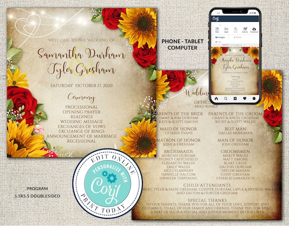 Editable Wedding Program Template, Rustic Parchment with Sunflowers & Roses Double Sided Program Files, Rustic Barn, Instant Download, Corjl Il_570xn