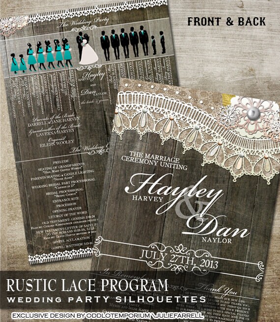 Rustic Wedding Program with wedding party silhouettes and wedding details. Flowers and vintage lace that can be customized. Il_570xn