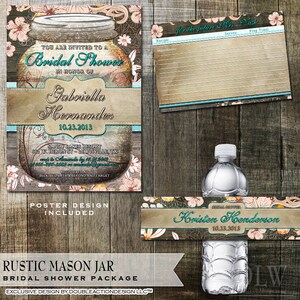 Rustique Mason Jar Bridal Shower Invitation et papeterie parti paquet - pot Mason Invite avec des éléments de bois rustique et s’épanouir