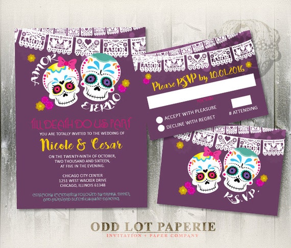 Celebration Sugar Skull Wedding Invite Set Fiesta Mexican Wedding Latina Bride Calaveras Till Death Do Us Part DIY Printable Wedding Invite Il_570xn
