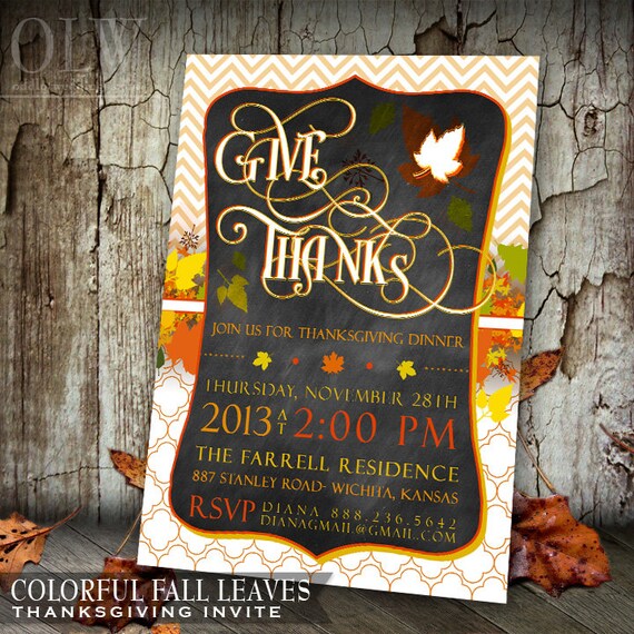Modern Chevron Thanksgiving Dinner Invite, Chalkboard Thanksgiving Invite, Red and Orange Fall Dinner Invite, DIY Thanksgiving Printable Il_570xn