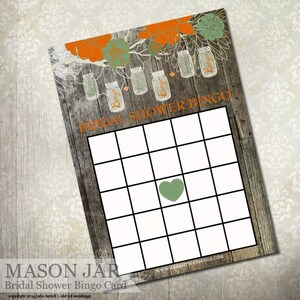 Rustic Mason Jar Bridal Shower Bingo Game - 5x7 - 2 on a sheet -Fill in the blanks! Burnt Orange and Sage