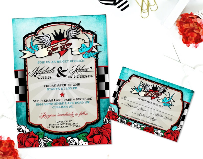 Rockabilly Hochzeit Einladung Set mit Spatz Lovebirds Tattoo Etsy
