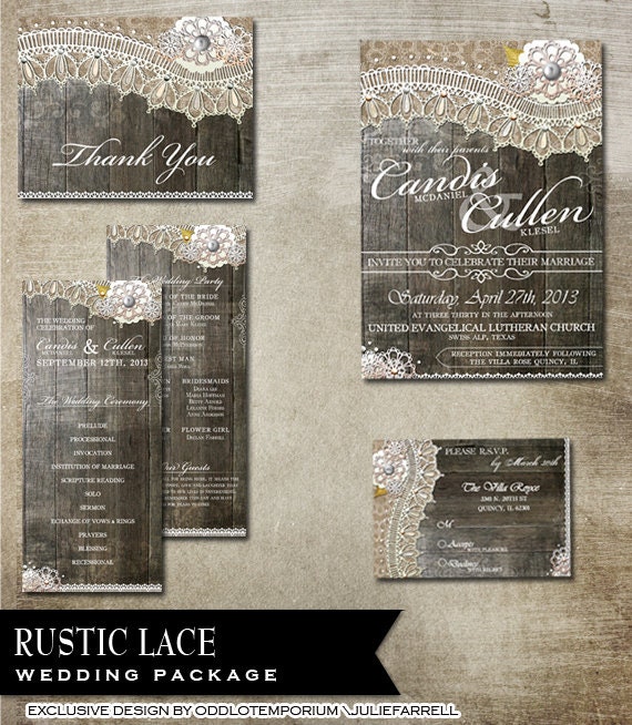 Rustic Lace Wedding Package - RSVP Invitation Thank You Card & double sided Program Printable Files. Burlap, lace and vintage elements Il_570xn