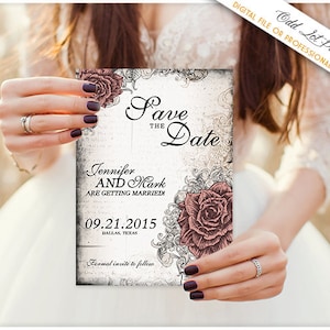 Elegant Rose Save the Date Wedding Announcement Card Rose and Lace vintage Wedding Old World Wedding, Any Color, Printable Save the Date
