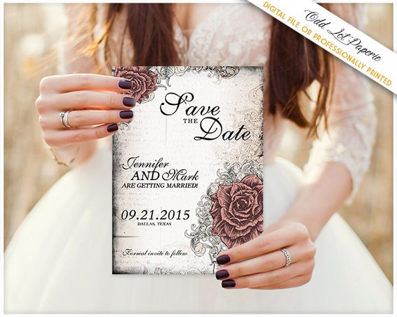 Elegant Rose Save the Date Wedding Announcement Card Rose and Lace Vintage Wedding Old World Wedding, Any Color, Printable Save the Date Il_570xn