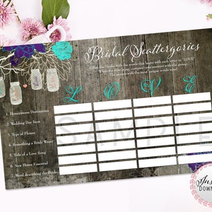 Rustic Bridal Shower Scattergories Game - Printable Mason Jar Scattergories Game - Rustic Chic Floral Bridal Shower Game INSTANT DOWNLOAD