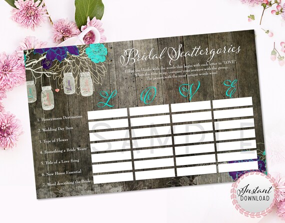 Rustic Bridal Shower Scattergories Game - Printable Mason Jar Scattergories Game - Rustic Chic Floral Bridal Shower Game INSTANT DOWNLOAD Il_570xn