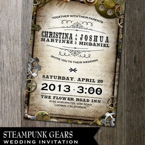 Steampunk Wedding Invitation with multiple gears on distressed parchment paper faux background. Digital Printable image 1