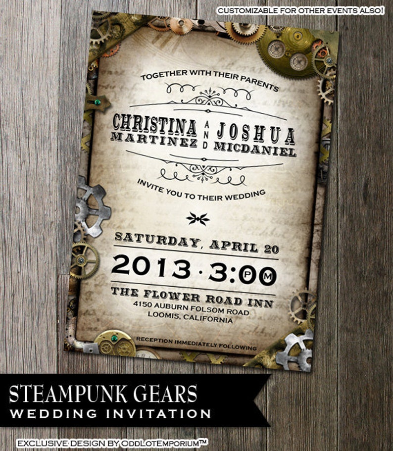 Steampunk Wedding Invitation with multiple gears on distressed parchment paper faux background. Digital Printable image 1