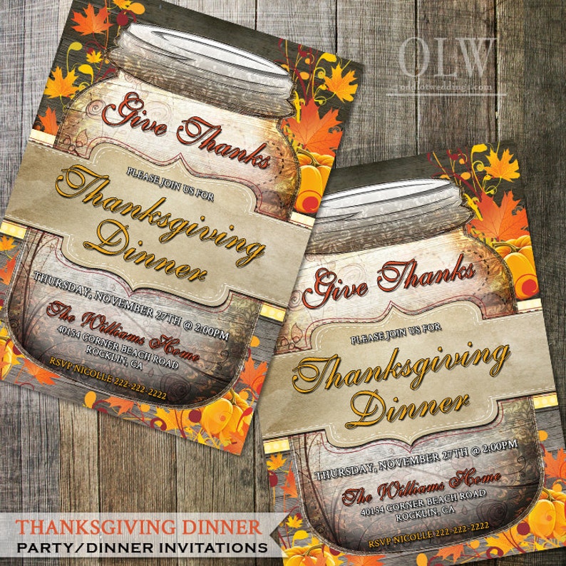 Thanksgiving Fall Mason Jar Party Invitation Customized Printable Rustic Wood , Fall Leaves, pumpkins For your holiday gathering image 1