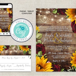 Set of 2, Wedding Invitation and RSVP Template, Rustic Wood with Sunflowers & Roses Invitation Suite, Burgundy Roses, Editable Corjl File