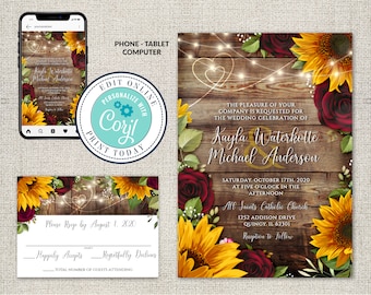 Rustic Sunflower Wedding Invitation & RSVP Set (Editable Corjl File)
